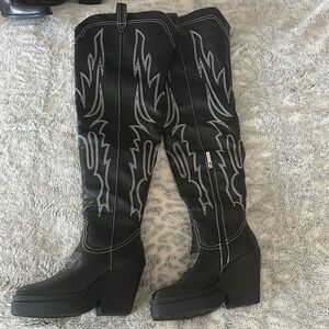 Cape Robbin Black Over the Knee Boots with White Stitching